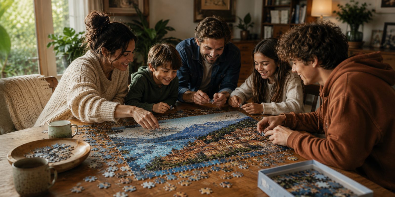 A family solving one puzzle together, in real time