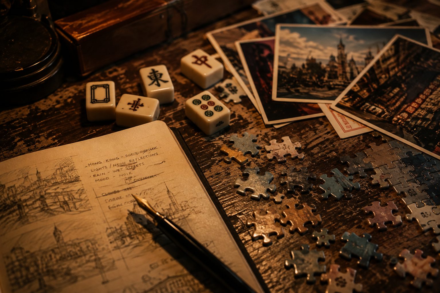 The Underground Games studio desk — mahjong tiles, puzzle pieces and design notes